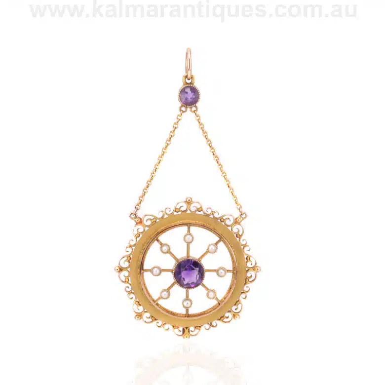 Antique amethyst and pearl pendant made in the Edwardian era