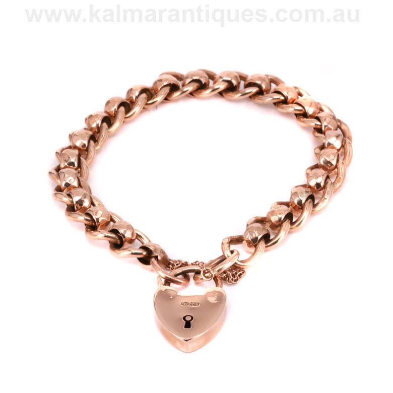 Antique rose gold curb and roller ball padlock braceletAntique-bracelet-ES8374-1