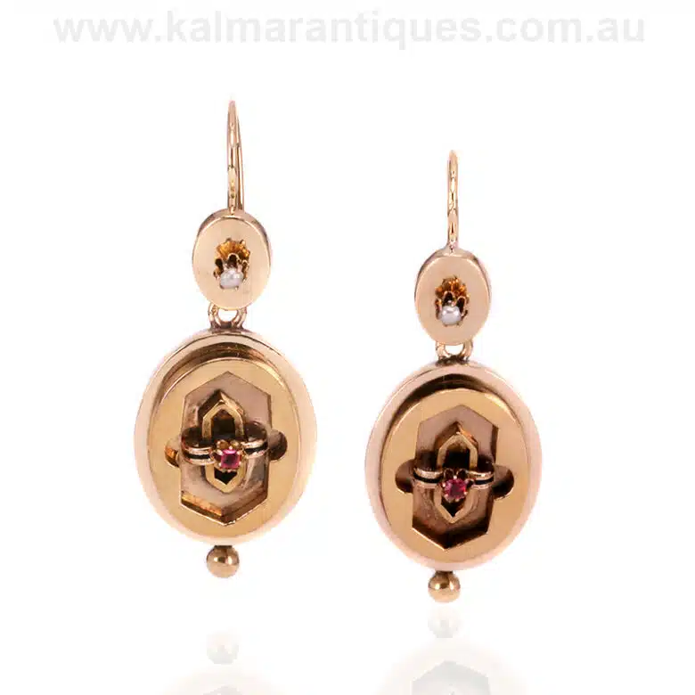 Antique drop earrings set with red paste and pearls from the 1880's