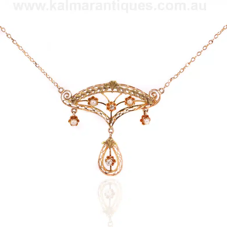 Art Nouveau diamond and pearl necklace