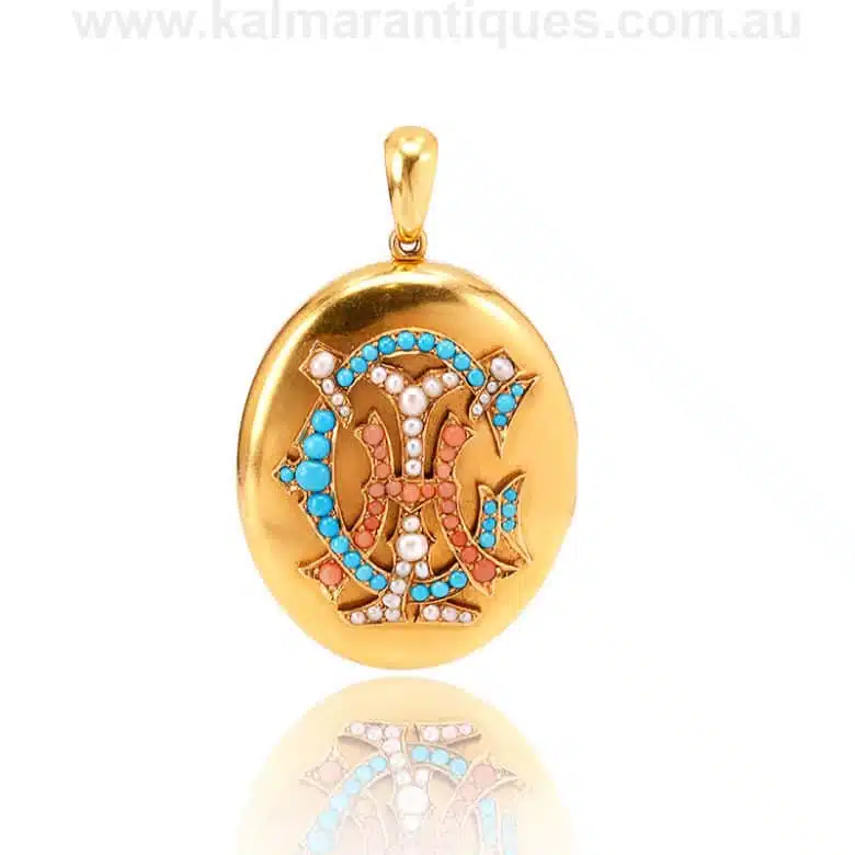 Antique monogrammed locket set with turquoise, pearls and coral