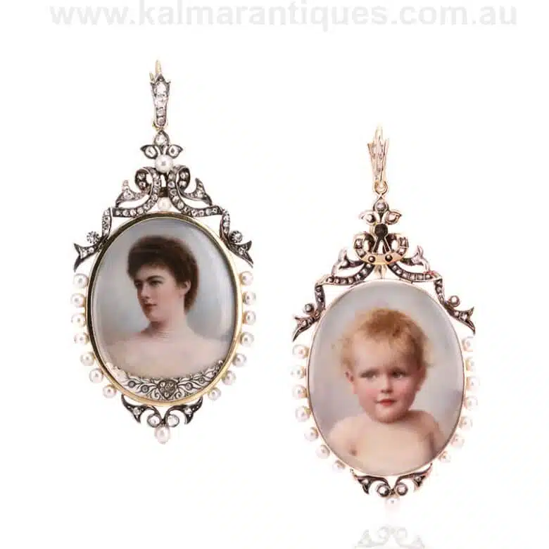 Diamond and pearl double sided antique pendant with hand painted portraits on ivory