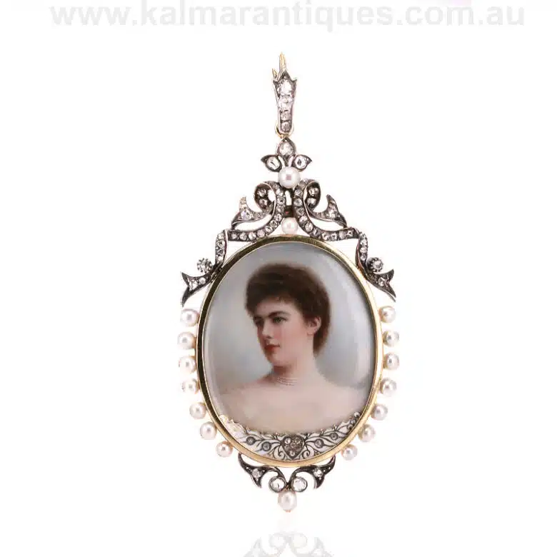 Diamond and pearl double sided antique pendant with hand painted portraits on ivory