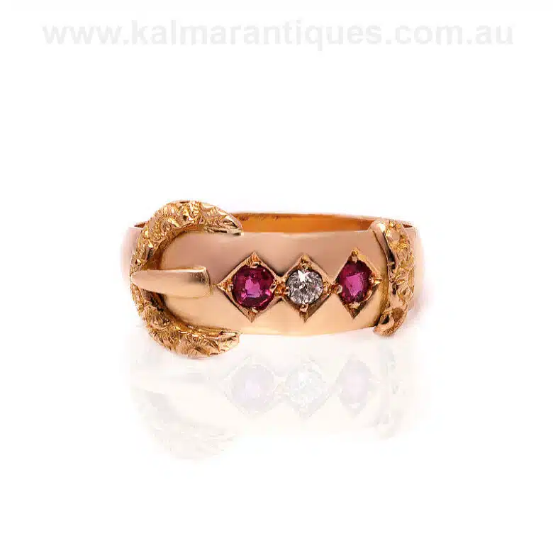 18ct antique buckle ring set with rubies and diamonds