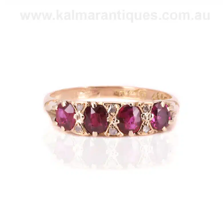 18 carat gold antique ruby and diamond ring made in 1908