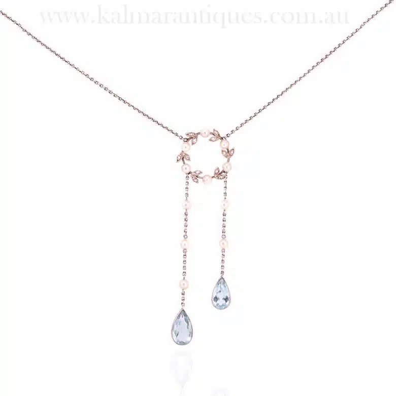 Platinum aquamarine, diamond & pearl negligee necklace from the 1920's