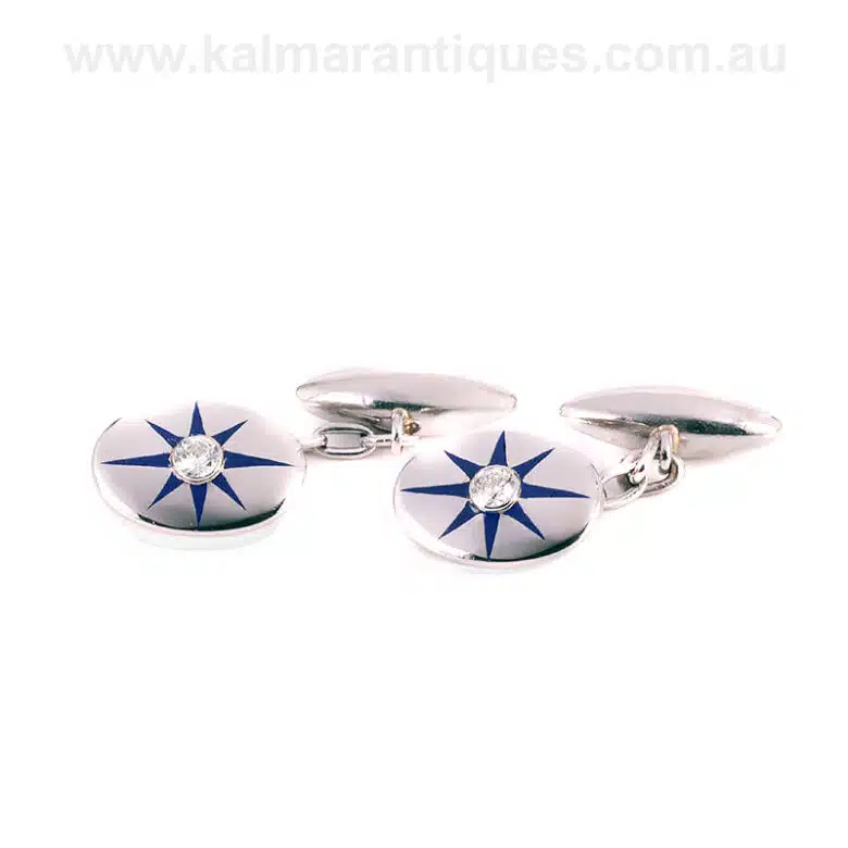 Platinum and enamel Art Deco diamond cufflinks made in the 1920s