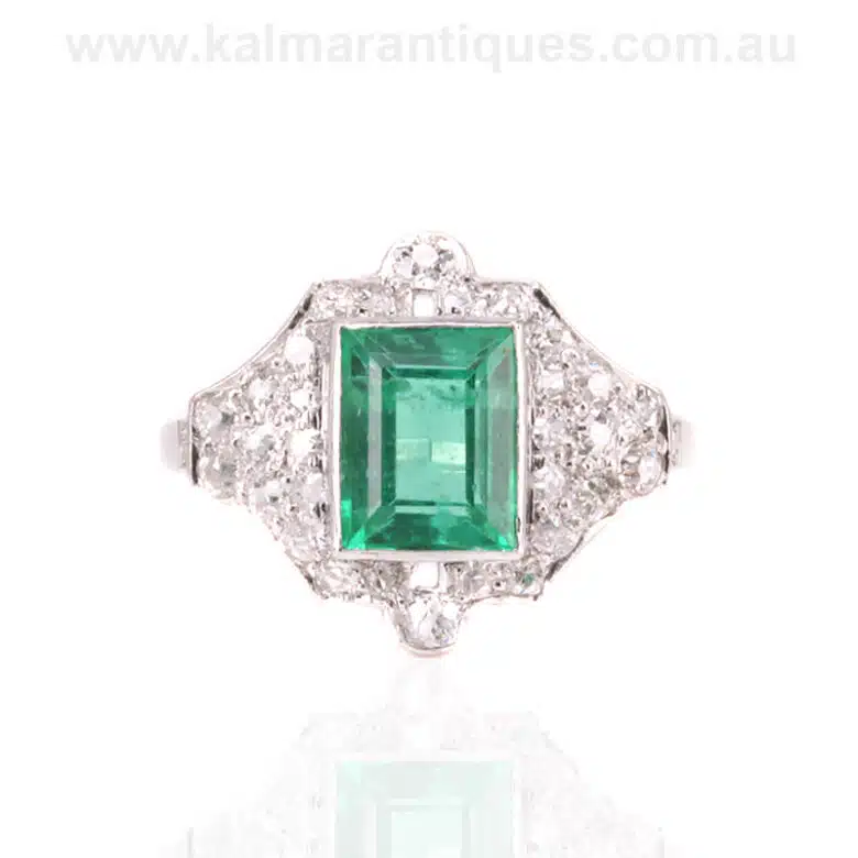 Art Deco emerald and diamond ring hand made in platinum in the 1920's