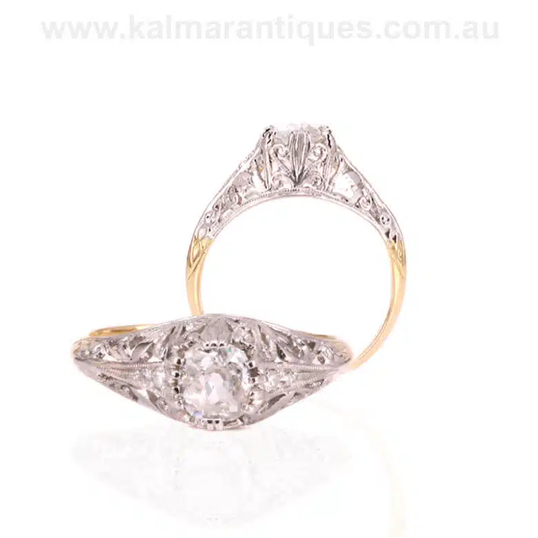 Art Deco diamond engagement ring set with a mine cut diamond