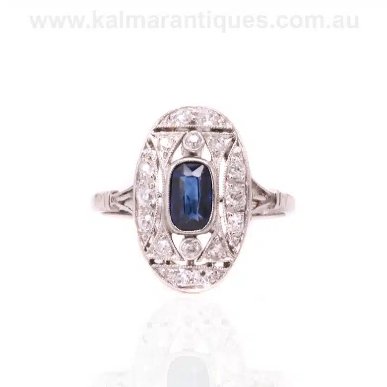 Hand made platinum sapphire and diamond ring from the Art Deco era
