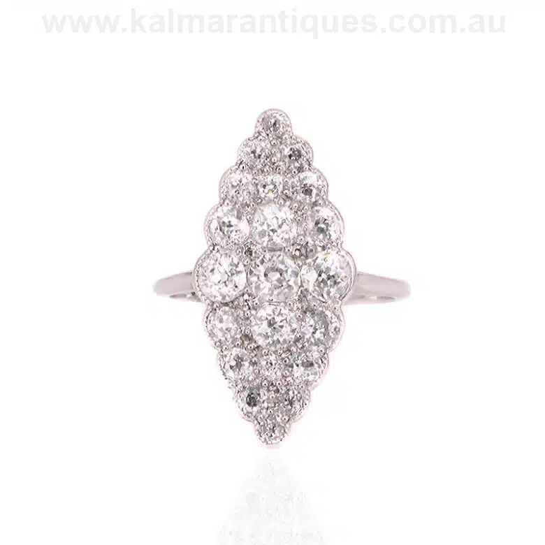 Platinum lozenge shaped Art Deco diamond ring hand made in the 1920's