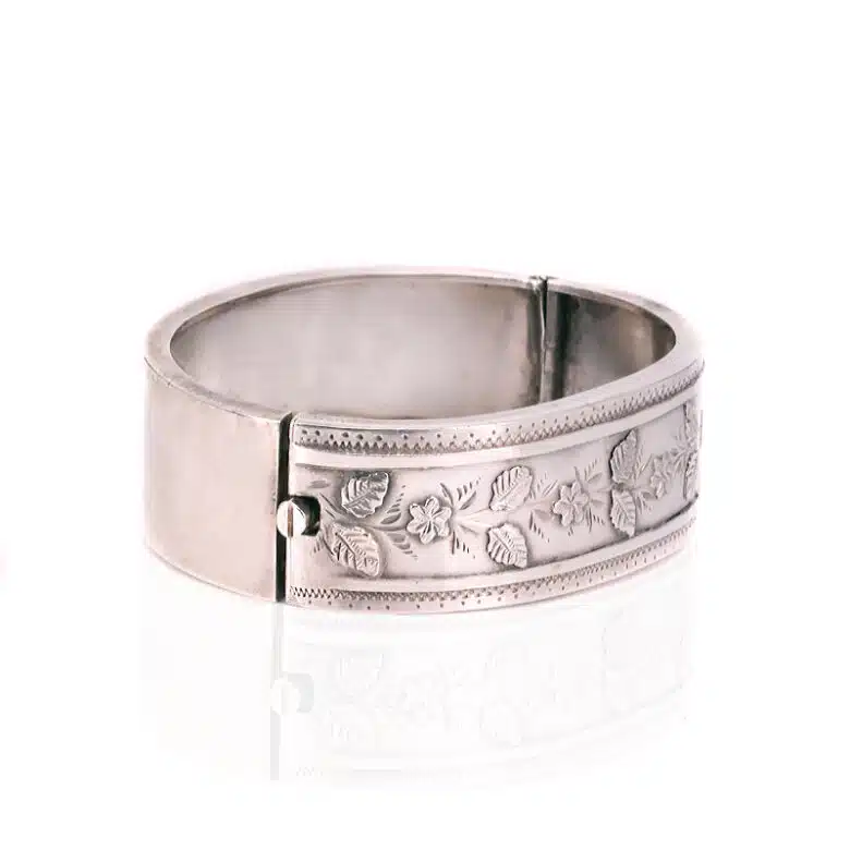Antique sterling silver bangle with a leaf design made in 1890