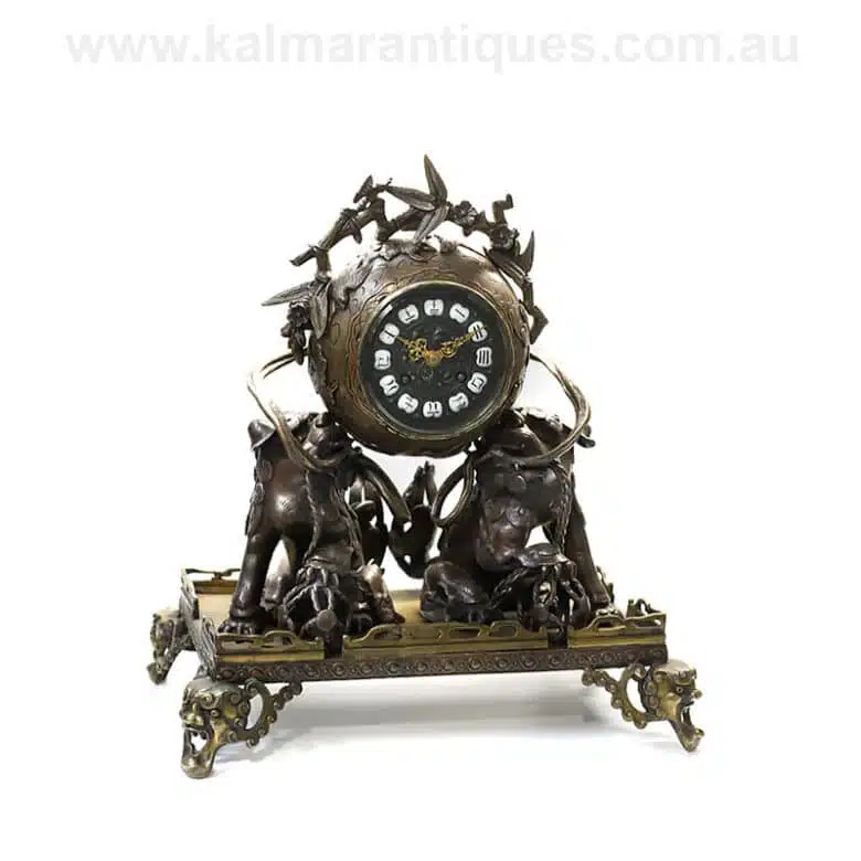 Antique French bronze clock by Farcot depicting Chinese fire dogs.