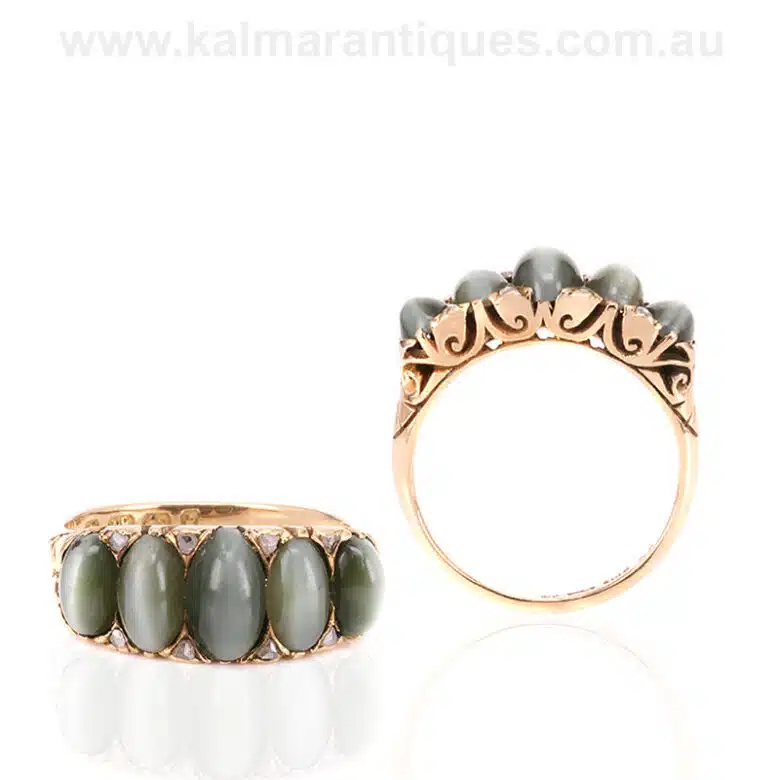 18 carat gold chrysoberyl and rose cut diamond ring made in 1884