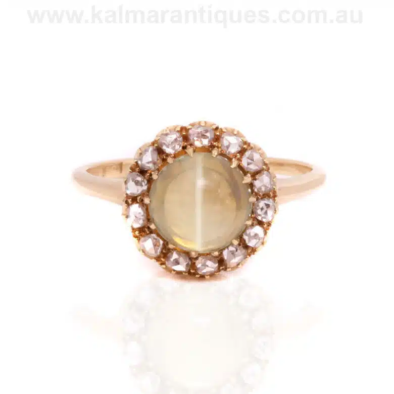 Antique chrysoberyl cat's eye and diamond cluster ring