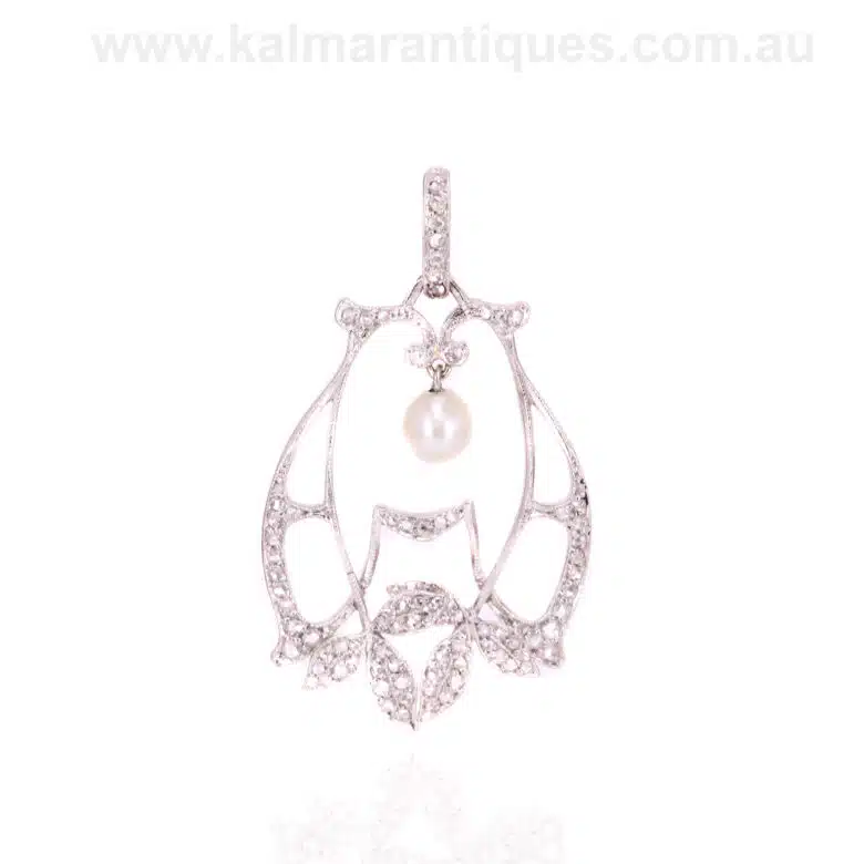 Platinum hand made Art Deco diamond and pearl pendant
