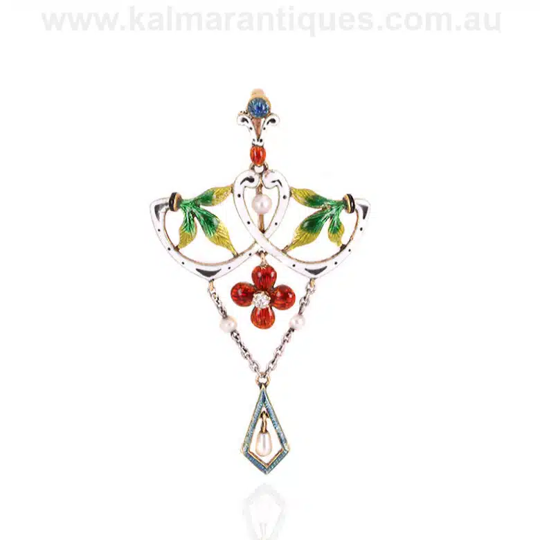 Art Nouveau enamel diamond and pearl pendant