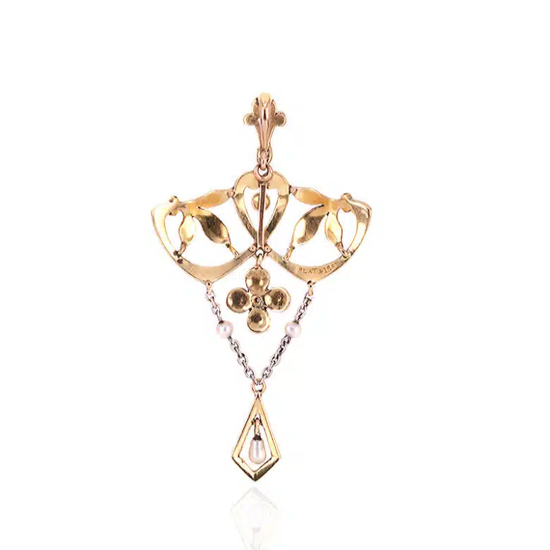 Art Nouveau enamel, diamond and pearl pendant