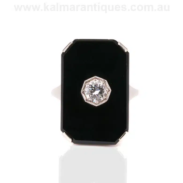 Art Deco onyx and diamond plaque ring