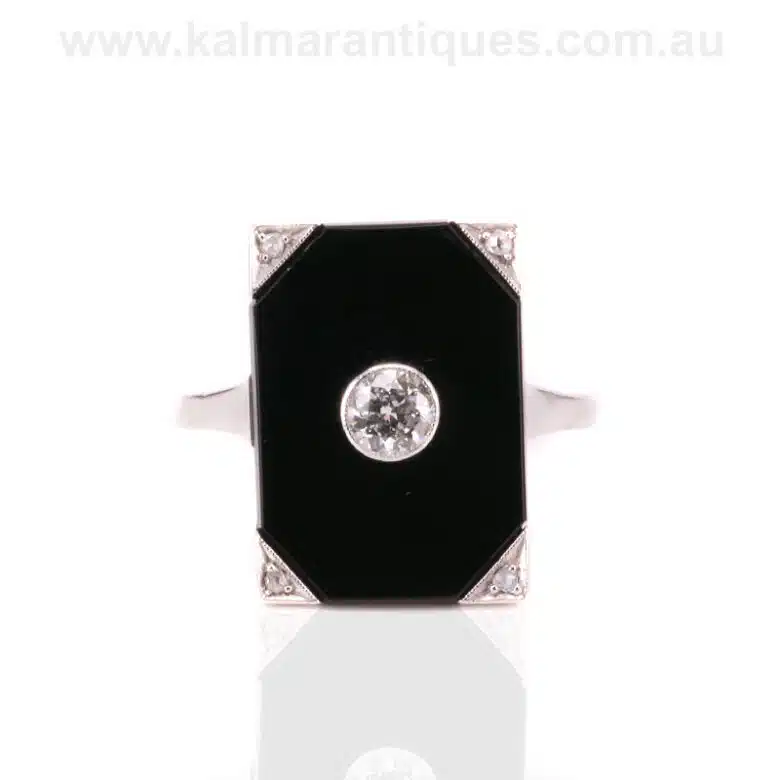 Art Deco onyx and diamond ring hand made in gold and platinum