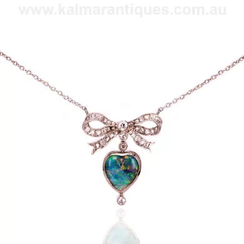 Art Deco Lightning Ridge black opal and diamond necklace