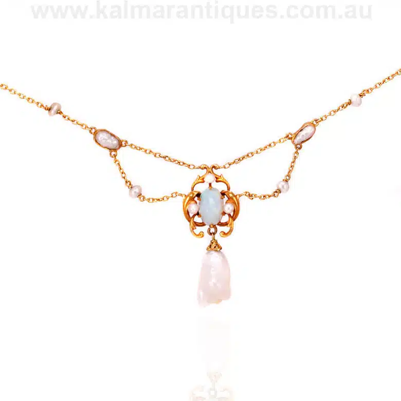 Art Nouveau solid opal and natural pearl necklace