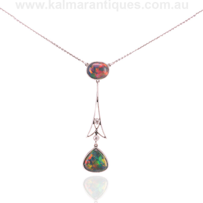 Art Deco necklace set with solid Lightning Ridge black opalsOpal-pendant-ES9838-1