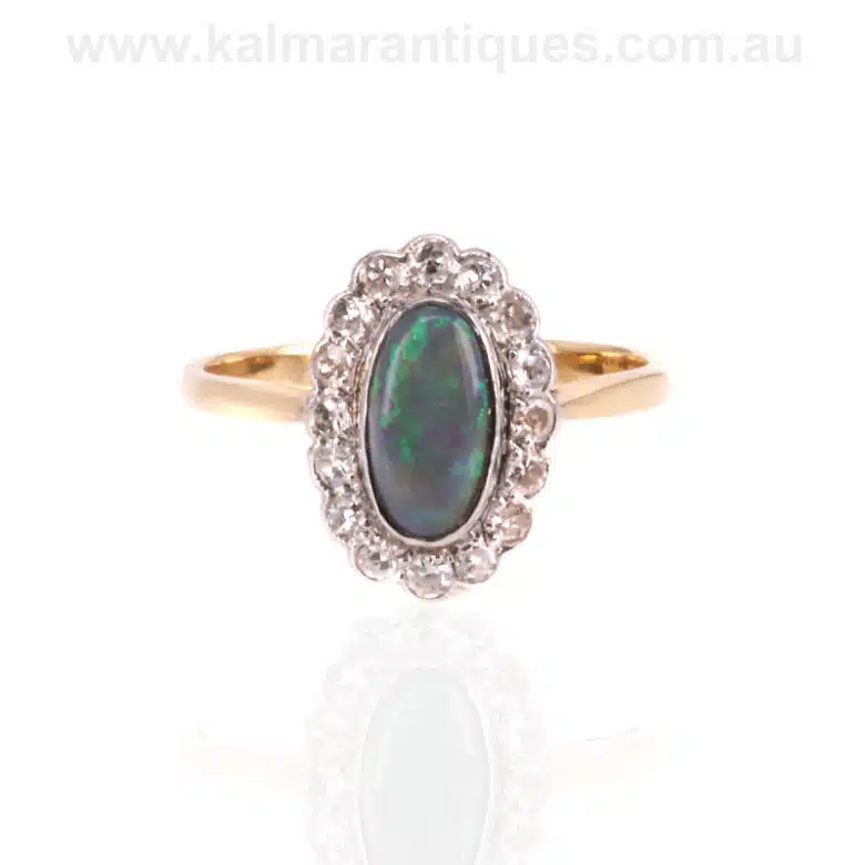 Art Deco Lightning Ridge black opal and diamond cluster ring