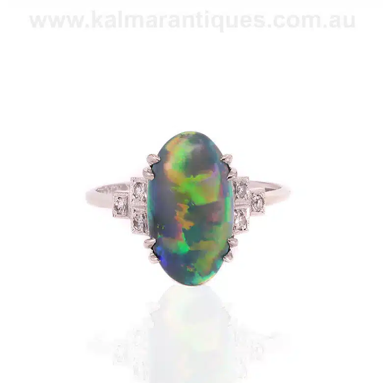 Art Deco era solid Lightning Ridge black opal and diamond ring