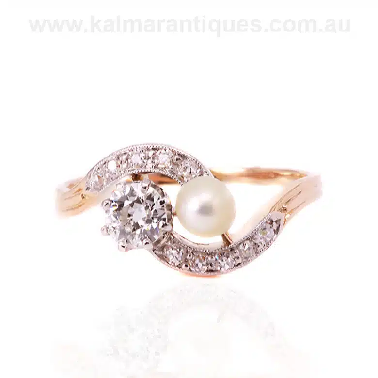 Antique pearl and diamond "Toi et Moi" ring made in the early 1900's