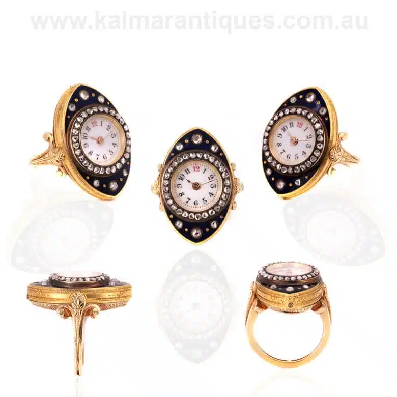 Rare antique diamond and enamel ring watch