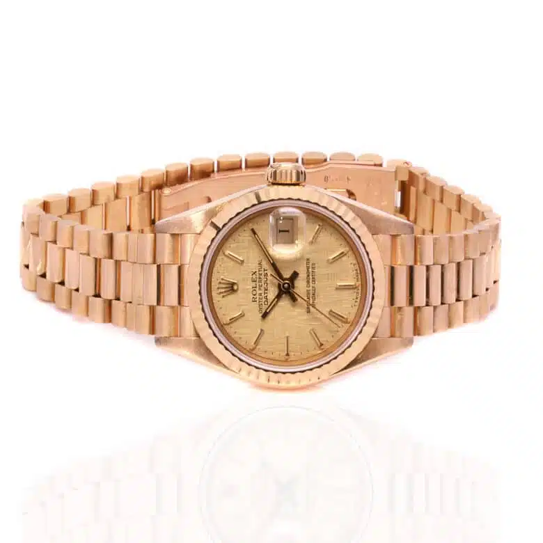 Ladies 18ct Rolex Linen dial President with box and papers