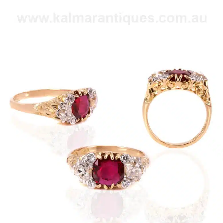 Antique ruby and diamond ring set with an unheated ruby