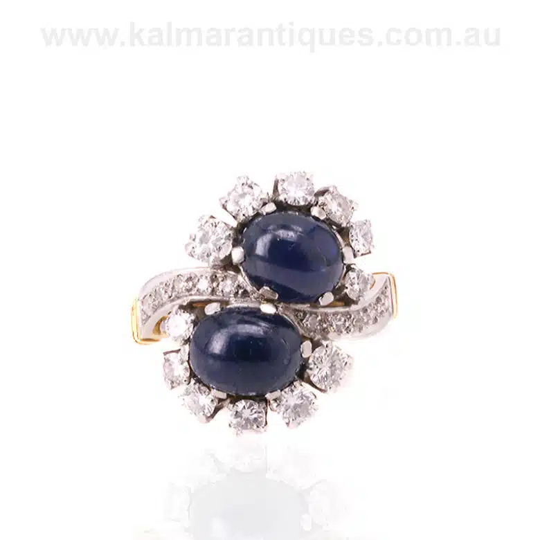 Retro 18ct & platinum cabochon sapphire and diamond ring