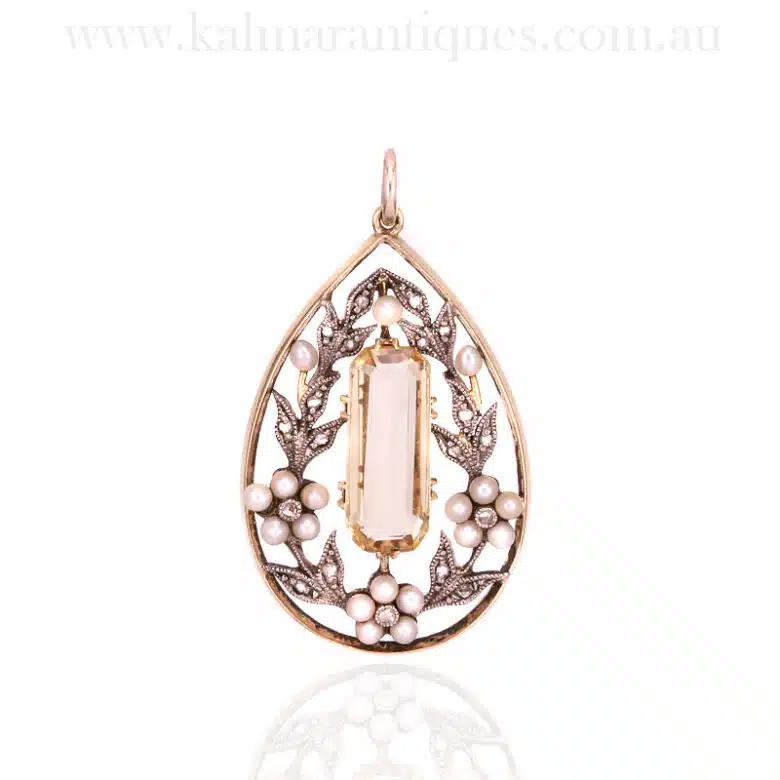 Antique rose cut diamond topaz and pearl pendant