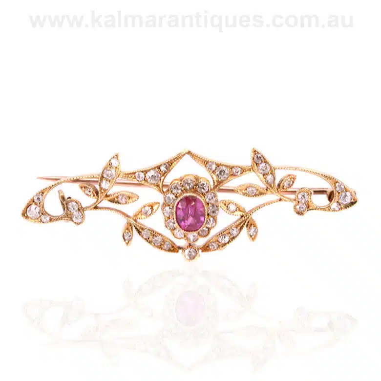 Antique pink sapphire and diamond brooch