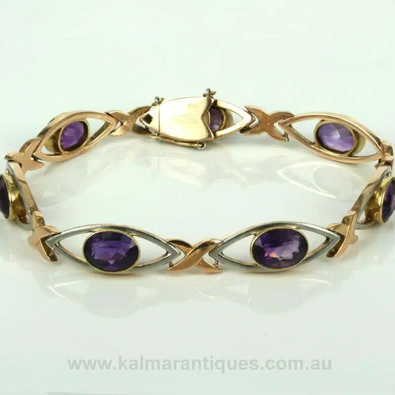 Art Deco rose white and yellow gold amethyst bracelet