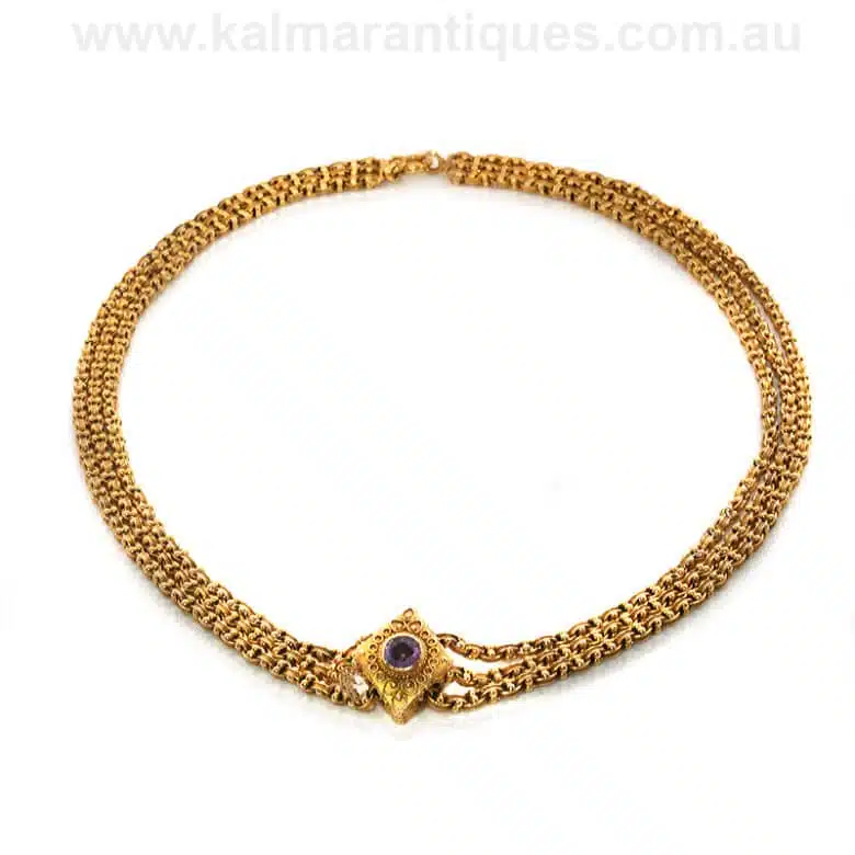 Antique triple slide necklace with an amethyst and opal