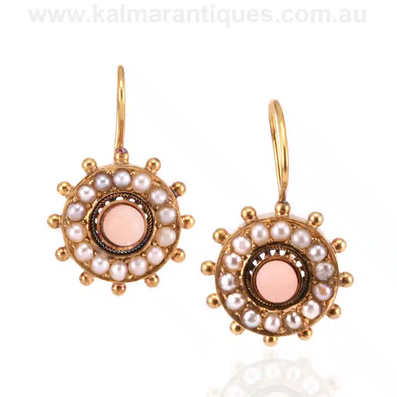 Antique coral and pearl cluster earrings from the Victorian era