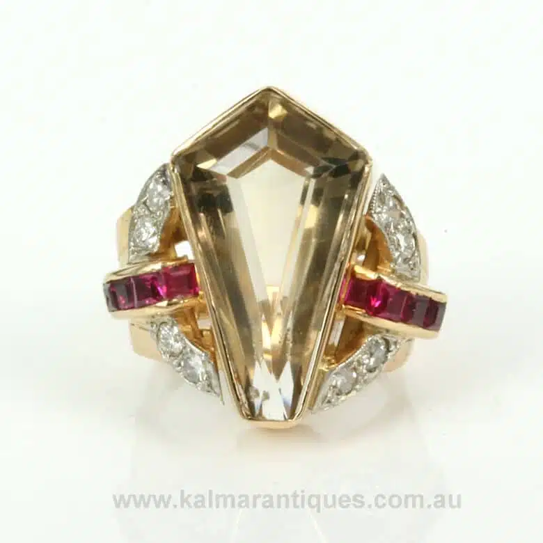 1950s Retro era smoky quartz ruby and diamond ring