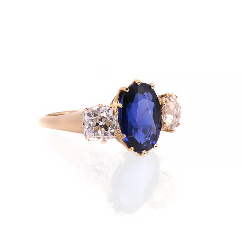sapphire and mine cut diamond ring