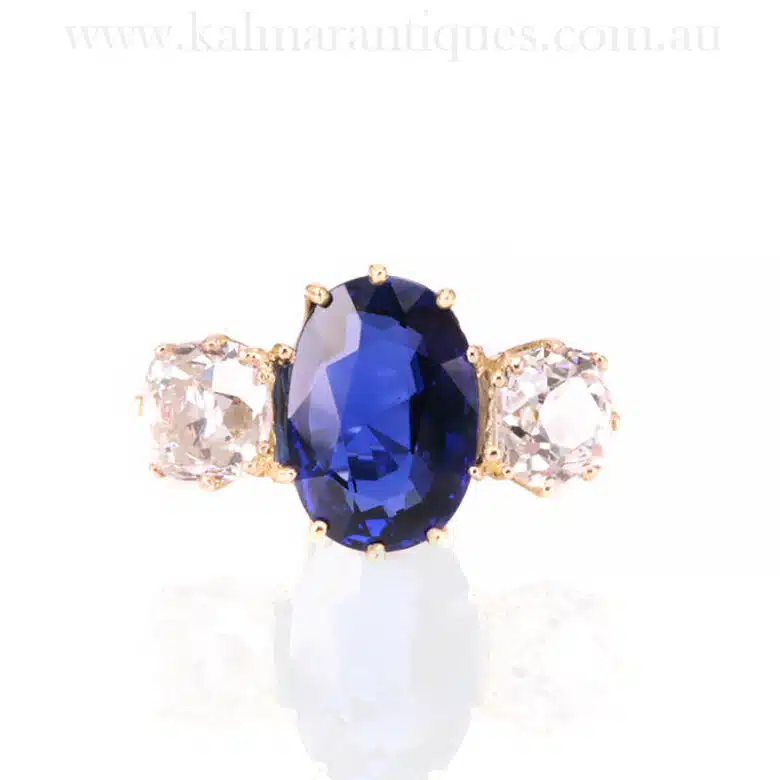 sapphire and mine cut diamond ring
