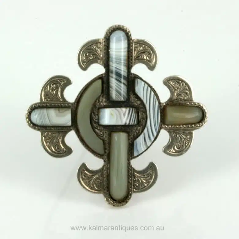 Antique silver Scottish agate brooch