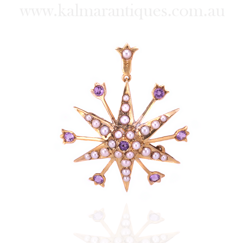 Antique brooch and pendant set with amethysts and pearls