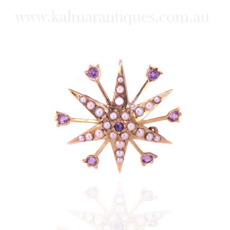 Antique brooch and pendant set with amethysts and pearls