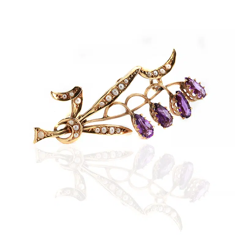 Antique Lilly of the Valley amethyst and pearl brooch