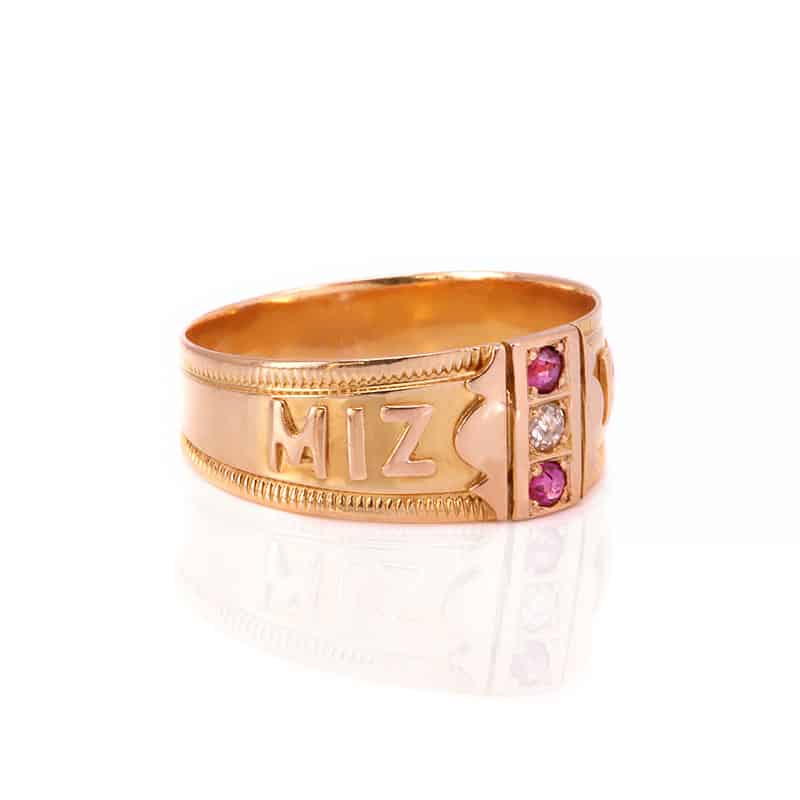 Antique ruby and diamond Mizpah ring made in 1887