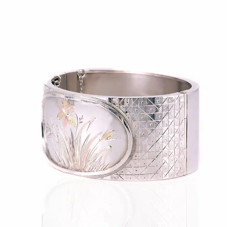 Victorian silver bangle with rose and green gold
