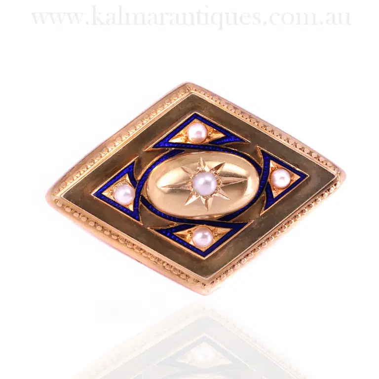 Victorian Blue Enamel and Pearl Brooch With a Locket