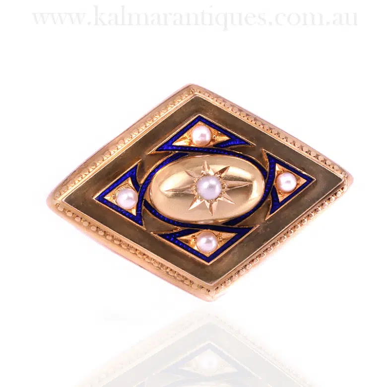 Victorian Blue Enamel and Pearl Brooch With a Locket